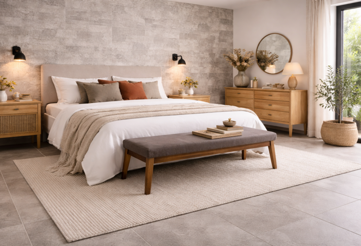 Chambre contemporaine avec mur en carrelage effet pierre gris derrière le lit, mobilier en bois clair et ambiance chaleureuse naturelle