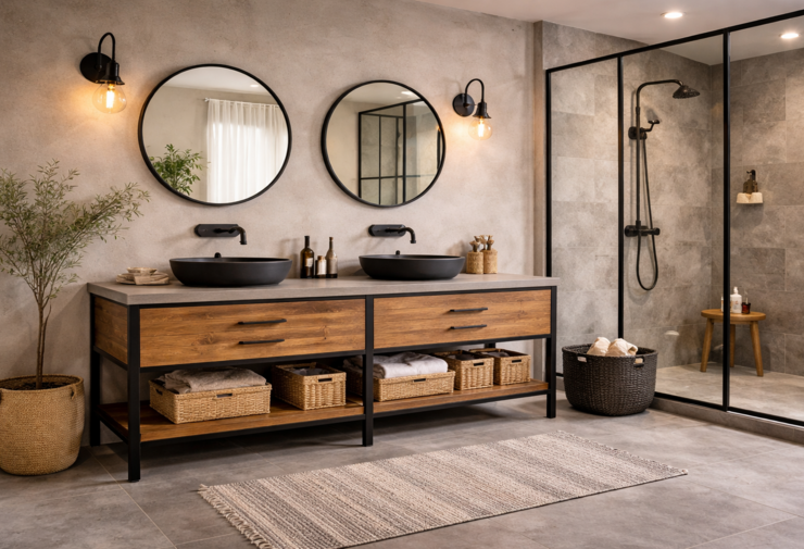 Double vasques à poser noire sur meuble de salle de bains en bois et métal, style industriel avec robinetterie noire, mur effet béton et douche vitrée moderne.